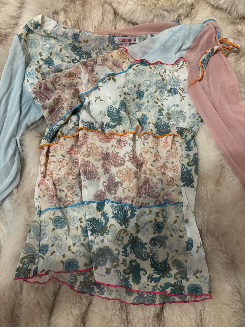 Margarita Vintage Floral Patchwork Lightweight Mesh Top in Blue, Cream & Pink